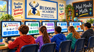 Rudolph Academy Mad Minute Math games with students practicing addition, subtraction, multiplication, and division on classroom computers.