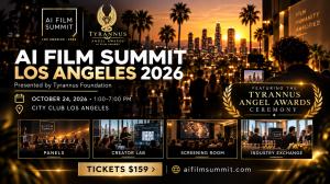 Black-and-gold promotional banner for AI Film Summit Los Angeles 2026 and Tyrannus Angel Awards, showing October 24 event details and four program highlights.