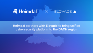 Heimdal and Elovade logos over a map of the DACH region (Germany, Austria, Switzerland), symbolizing their cybersecurity partnership.