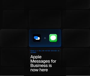 A dark graphic shows the Blooio mark plus the green Apple Messages icon. Blue text reads “Reach 2.5 billion active devices in seconds.” Large white text reads “Apple Messages for Business is now here.”
