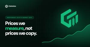 Coinmico logo with the headline "Prices we measure, not prices we copy" and a rising green price chart on a dark background.