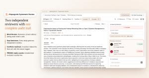 Paperguide Systematic Review software screen showing Dual Review, with two reviewers' include and exclude decisions, a resolved conflict, and PRISMA screening counts