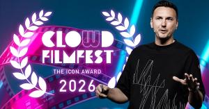 man in front of award