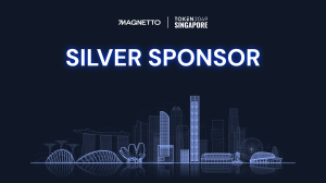 Magnetto and TOKEN2049 Singapore logos, "Silver Sponsor" text, blue line-art Singapore skyline. Magnetto sells Telegram Ads.