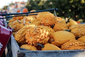 Orange pumpkins in a wagon.