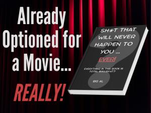 A book sitting in front of red movie curtains with text over it