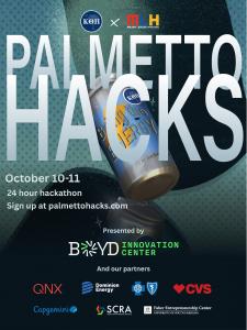Palmetto Hacks poster for a 24-hour hackathon on October 10–11, presented by Boyd Innovation Center in partnership with Kappa Theta Pi and Major League Hacking. Large white "PALMETTO HACKS" lettering overlays a tilted energy drink can reading "Bring the E