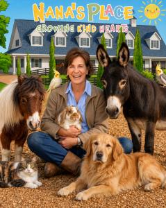 “Stacy ‘Nana’ Rolfe sits outside at R&R Ranch surrounded by a miniature horse, donkey, Golden Retriever, rabbit, cat and birds beneath the Nana’s Place logo.”