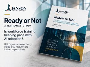 JANSON Research & Strategy graphic for the Ready or Not national study, showing the December 2026 study brief cover and inviting U.S. organizations at every stage of AI maturity to participate.