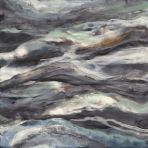 Abstract artwork featuring layered, flowing bands of gray, white, pale green, blue and gold.