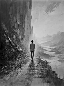 A man walking along a path; the path is rugged, but the ground ahead is bright. The image is a metaphor for the human journey, which presents challenges, uncertainties and problems, yet the hope of a bright future accompanies the man