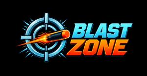 Blast Zone logo featuring a blue target graphic with a dart in motion and bold orange and blue typography on a dark background.