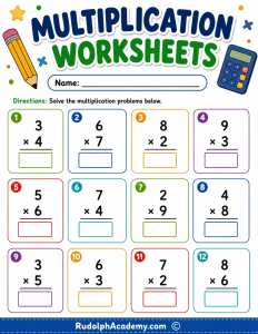 Rudolph Academy multiplication worksheets with printable multiplication fact practice problems for students.