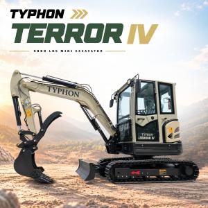 TYPHON TERROR IV 9,000-lb mini excavator with boom, thumb clip, bucket, and enclosed cab on a dirt site.