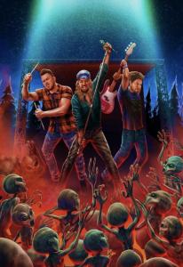 The official illustrated movie poster for director Jeremy Eden's comedy-horror film Hello Apocalypse [INDEX], tracking cinematic icon Tashera White as a global alien invasion interrupts the high-stakes reunion concert of rock band Marilyn's Dress under a