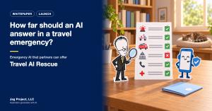 Paper-cutout traveler checking an emergency-contact list with a magnifying glass; one row is marked wrong, and a smartphone helper holds a check-mark shield. Title text: How far should an AI answer in a travel emergency? Travel AI Rescue