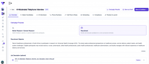 Terapage's AI-Moderated Telephone Interview setup, where research teams define the campaign recruitment objective and upload supporting documents before launch.