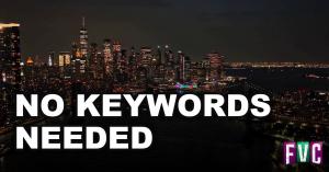 Night aerial of a city skyline with the words "No keywords needed" and the FVC logo, promoting visual search in Fast Video Cataloger.