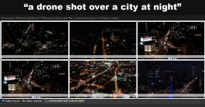 Fast Video Cataloger scene results for the description "a drone shot over a city at night": a grid of aerial night-time city thumbnails.