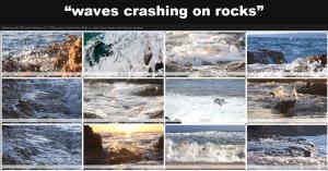 Fast Video Cataloger scene results for the description "waves crashing on rocks": a full grid of thumbnails of waves breaking on rocky shores.