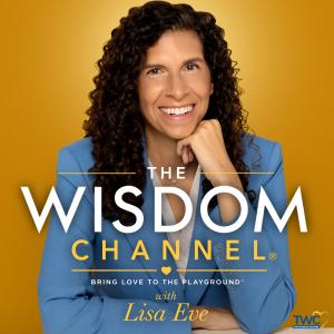 Lisa Eve host of The Wisdom Channel® podcast wearing a blue blazer against a gold background, 2026 Signal Awards Finalist for Best Video Podcast Host