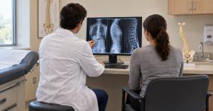 Orthopedic spine doctor pointing to a standing scoliosis X-ray while speaking with an adult patient in a standard exam room.