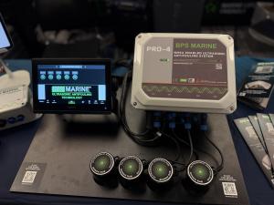 BPS Marine PRO-4 NMEA 2000 enabled ultrasonic antifouling system control unit, four transducers, and connected Garmin multi-function display.