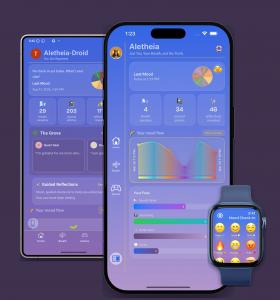 Letheia App shown on iPhone, Android and Apple Watch with emotional wellbeing features and mood check-ins.