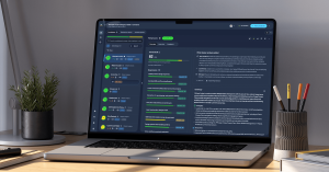 TrueRole candidate evaluation interface displayed on a laptop, showing a candidate list, role requirements, fit indicators, supporting evidence, and deeper analysis.