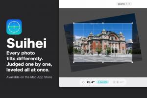 Suihei app window on a Mac showing a photo with its estimated tilt and the largest crop without empty corners