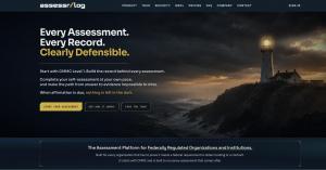 AssessrLog homepage showing the headline Every Assessment. Every Record. Clearly Defensible., the line Start with CMMC Level 1, and a lit lighthouse on a rocky coast at dusk.