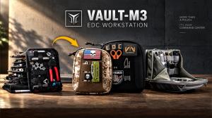 VAULT M3 modular EDC organizer shown open with its internal compartments and swappable page system.