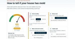 Free Mold Risk Check by Mold Shield Restoration scoring a home's mold risk at 65, yellow zone, from humidity, musty smell and leak questions
