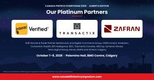 Logos of Platinum Partners Interac Verified, Transactix and Zafran on white panels, under the heading Our Platinum Partners, Canada FinTech Symposium 2026 Alberta Edition. Below is a list of supporting partners, including Mastercard, Digital Commerce Grou