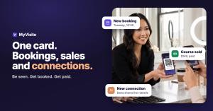 A smiling professional holds out her phone with her MyVisito card and its QR code to a client, surrounded by three notifications: a new booking, a course sold and a new connection.