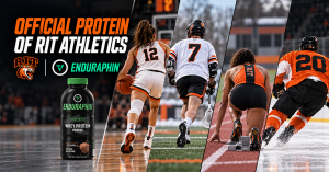 Enduraphin Official Protein of RIT Athletics banner featuring basketball, lacrosse, track and hockey athletes beside a Ready-To-Mix whey protein bottle.