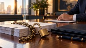 Open brass padlock and chain sliding off a stack of business loan documents on a conference table.