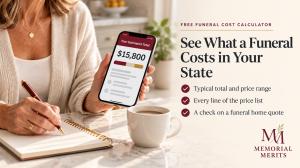 A person checks the typical funeral cost for their state on a phone using the free Memorial Merits Funeral Cost Calculator