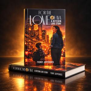 Two hardcover copies of A BITCOIN LOVE STORY: For The Love Of Ava by Tony Jefferies, displayed against a warm amber and dark studio background.