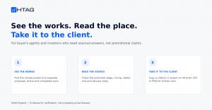 HtAG value card reading "See the works. Read the place. Take it to the client," with three steps for checking project stages, opening sources and exporting client-ready evidence.