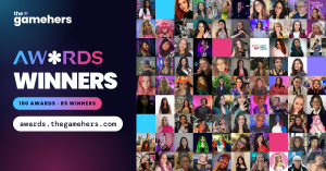 A grid of 85 headshots of the 2026 the*gamehers Awards winners beside the the*gamehers logo, the AWARDS wordmark and "Winners" on a navy background. The text reads "100 awards · 85 winners" and "awards.thegamehers.com".
