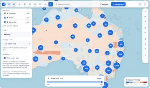 Screenshot of the HtAG Projects map of Australia as at 5 October 2026, with clustered project pins over councils shaded by non-residential building approvals against each council's own average.
