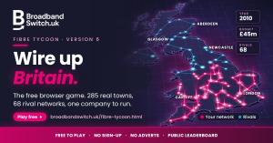 Fibre Tycoon game artwork showing a 3D map of Britain with a glowing pink full fibre network and the words Wire up Britain