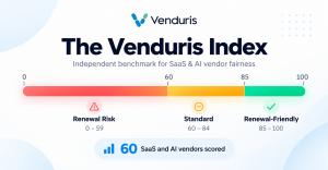 Venduris Index score bar from 0 to 100 with three tiers: Renewal Risk, Standard and Renewal-Friendly.