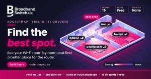 RouterMap artwork: a 3D cutaway of a home with the Wi-Fi signal glowing out from the router in its best spot, beside the words Find the best spot