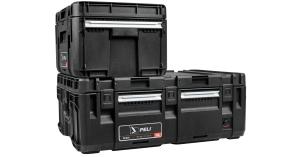 Black Peli CRATE 45L and 90L storage cases stacked together, featuring rugged construction, secure latches and integrated carrying handles.