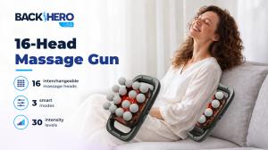 Woman relaxing on a sofa with the Back Hero USA 16-Head Massage Gun behind her back, shown with 16 massage heads, 3 smart modes and 30 intensity levels