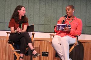 Havilah Malone moderating an on-stage conversation with Astrid Carlen-Helmer at the LA Vertical Drama Market.