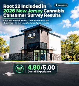 Root 22 Dispensary in Somerville, NJ, with a 4.90/5.00 survey rating.