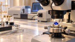 Blue sapphire being examined with gemological laboratory equipment for identification, treatment and origin analysis